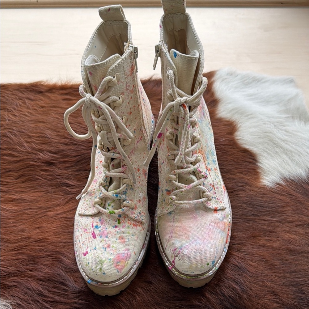 Canvas Paint-Splatter Combat Boots - Cream